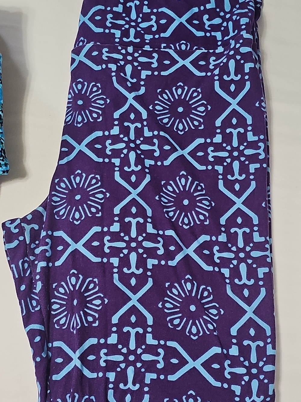 LuLaRoe Purple Leggings with Light Blue Geometric Print